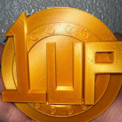 Gold 1UP Gaming Token – Thick 3D Printed Collectible Coin